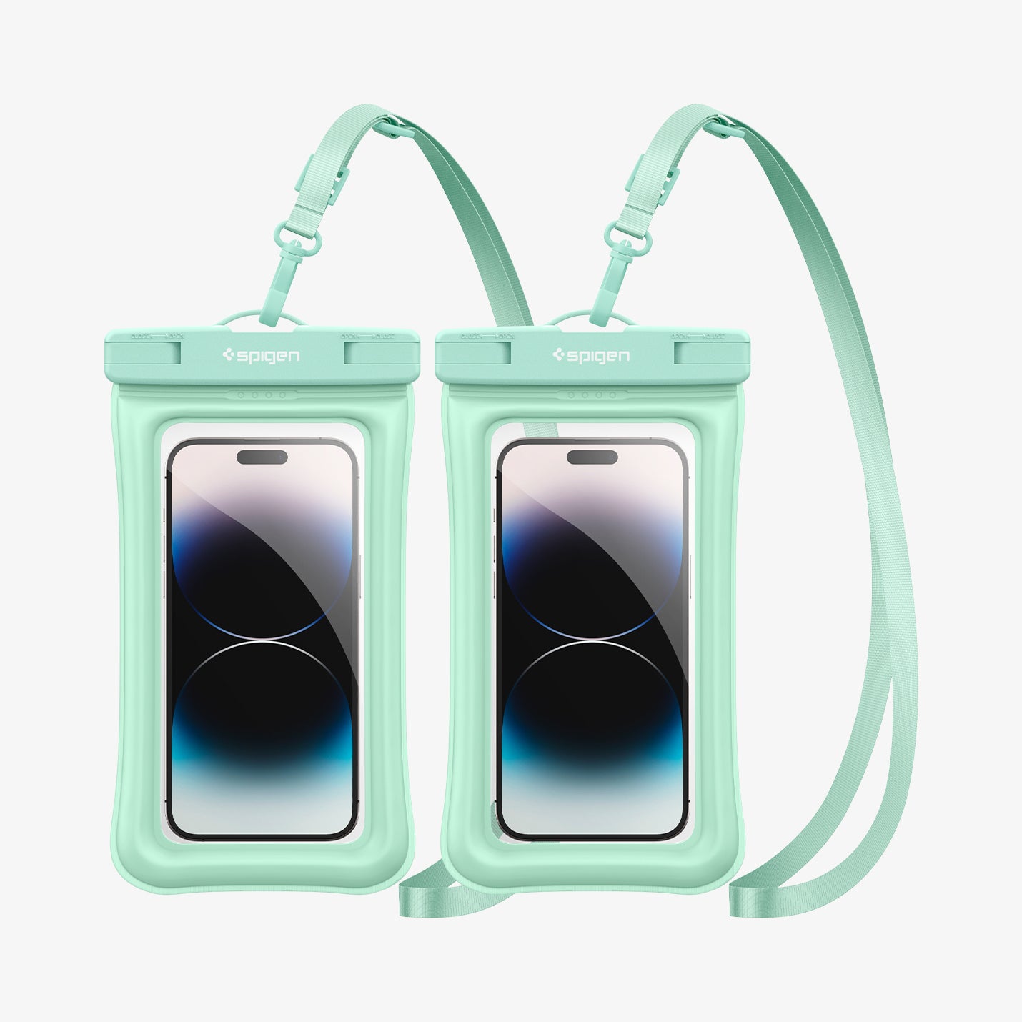 ACS06019 - AquaShield Waterproof Floating Case (2 Pack) A610 in Mint showing the front of two devices inside a waterproof case with strap attached