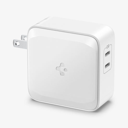 ACH02081 - ArcStation™ Pro GaN 70W Dual Port Wall Charger PE2007 in White showing the side with the spigen logo and partial top and sides of a charger