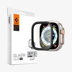 AGL06955 - Apple Watch Ultra (Apple Watch (49mm)) Screen Protector Glas.tR Slim Pro in black showing the watch face, screen protector and packaging