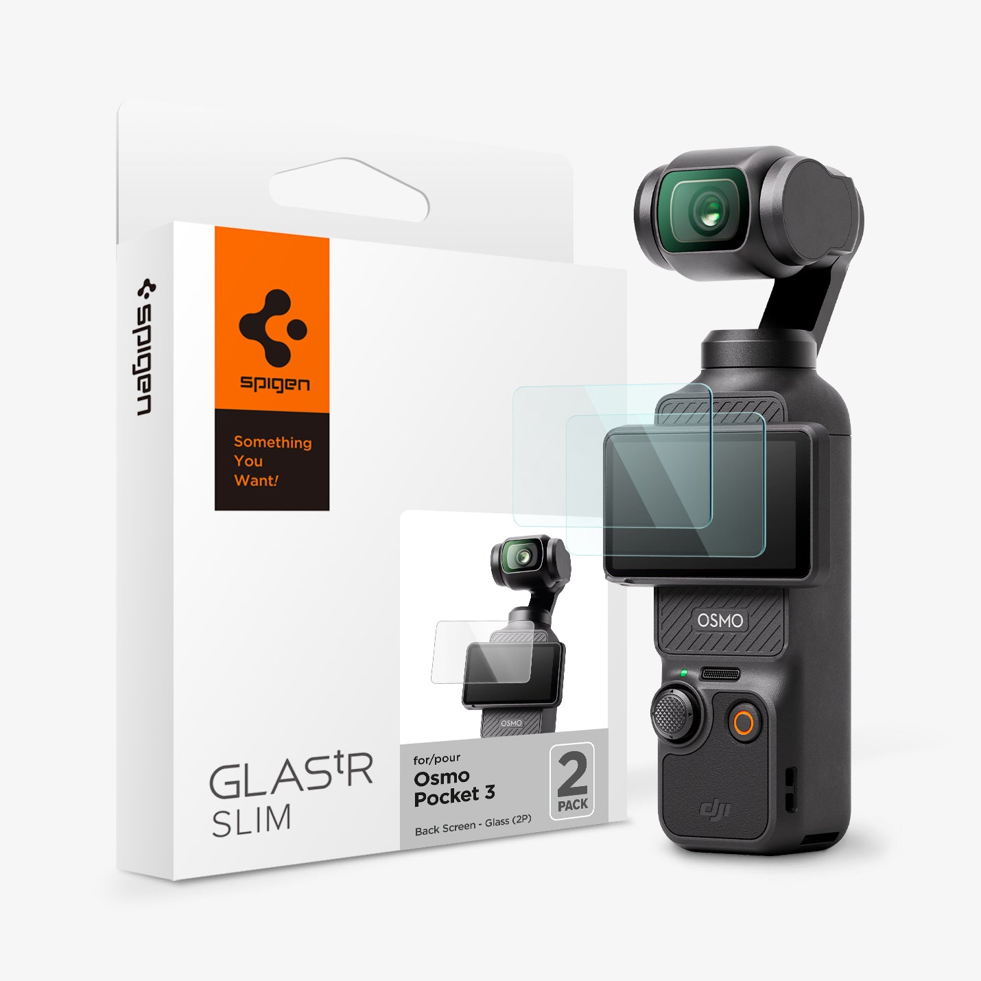 AGL07481 - DJI Osmo Pocket 3 Glas.tR SLIM in Clear showing the front, partial side of the device, 2 screen protectors hovering each other in front of the camera monitor and beside it is the packaging