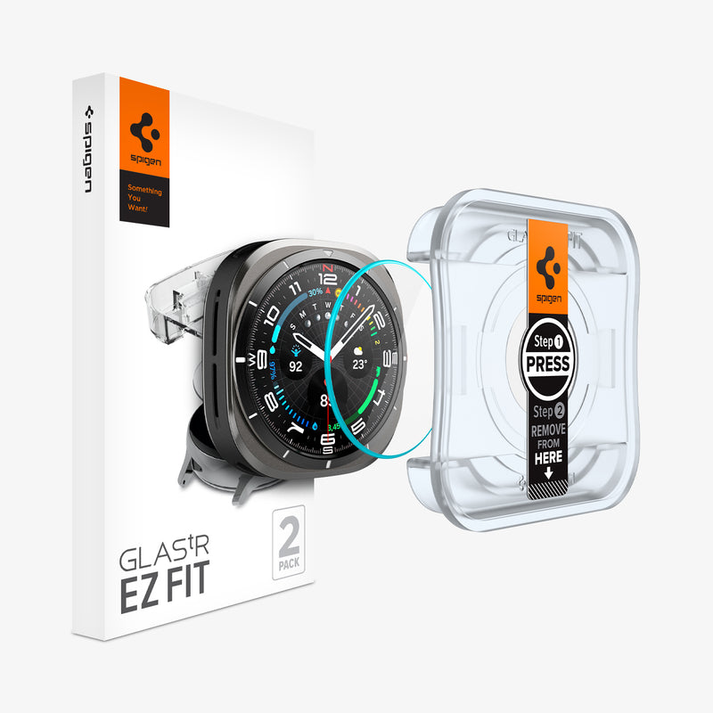 AGL08349 - Watch Ultra (47mm) GLAS.tR EZ Fit in Clear showing the watch face, screen protector, ez fit tray and packaging