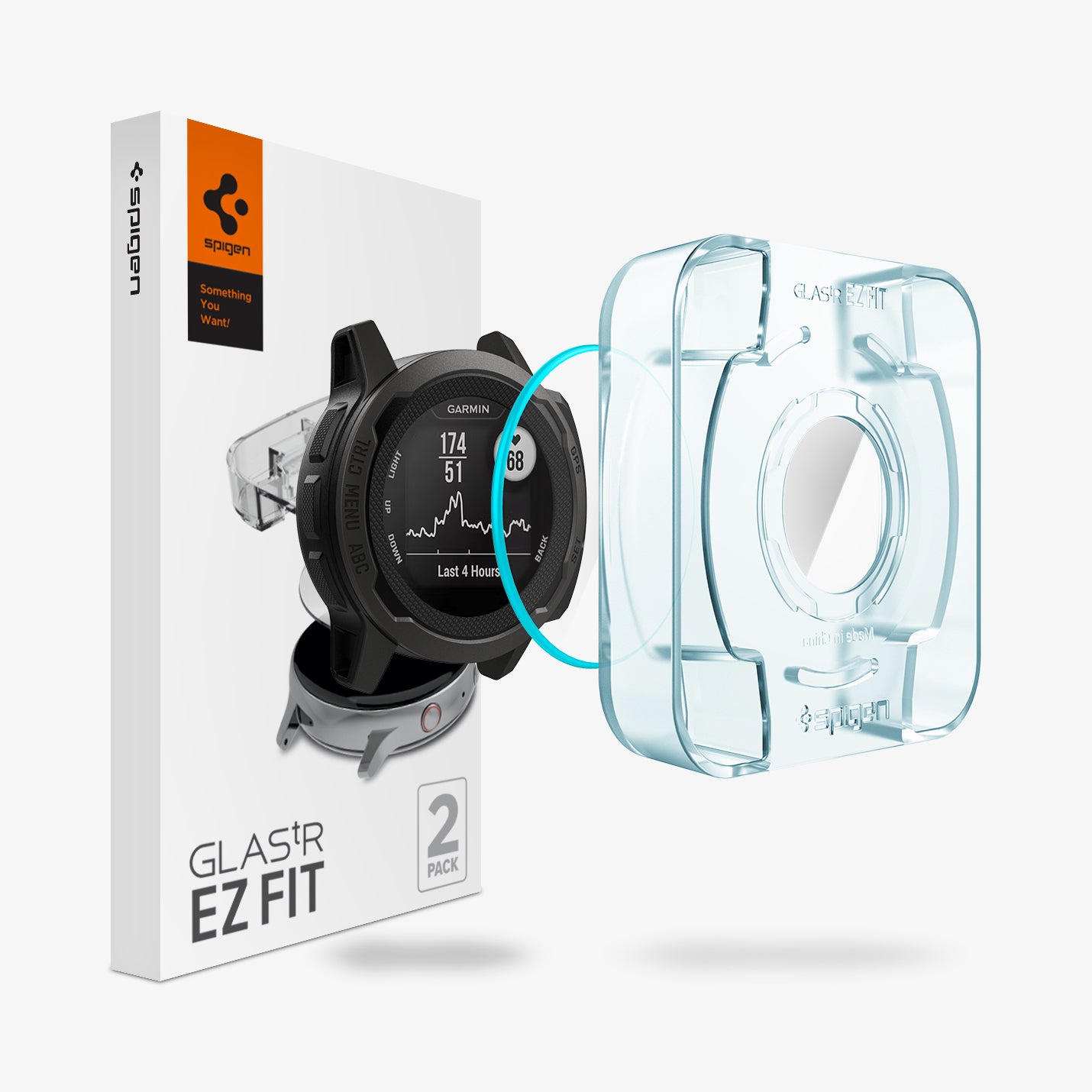 AGL05263 - Garmin Instinct 2s Screen Protector EZ Fit showing the watch face, screen protector, ez fit tray and packaging