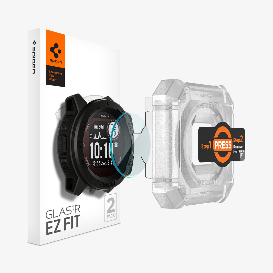 AGL02994 - Garmin Instinct Screen Protector EZ FIT Glas.tR showing the device, screen protector, ez fit tray and packaging