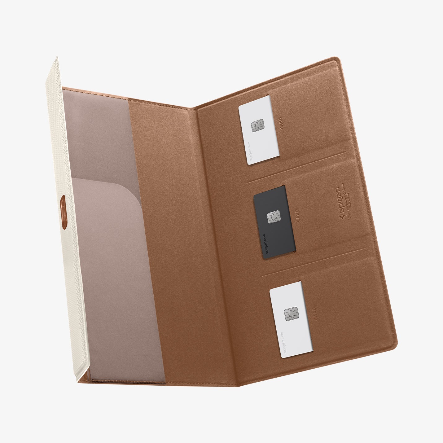 ACP08882 - Registration Card Holder | IC100 in Dune Beige showing the inside, half open with 3 card slots and 3 cards inside and one compartment on the other side