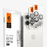 AGL07165 - iPhone 16 Pro / 16 Pro  Max Optik Pro Lens Protector in white titanium showing the device, two lens protectors and packaging