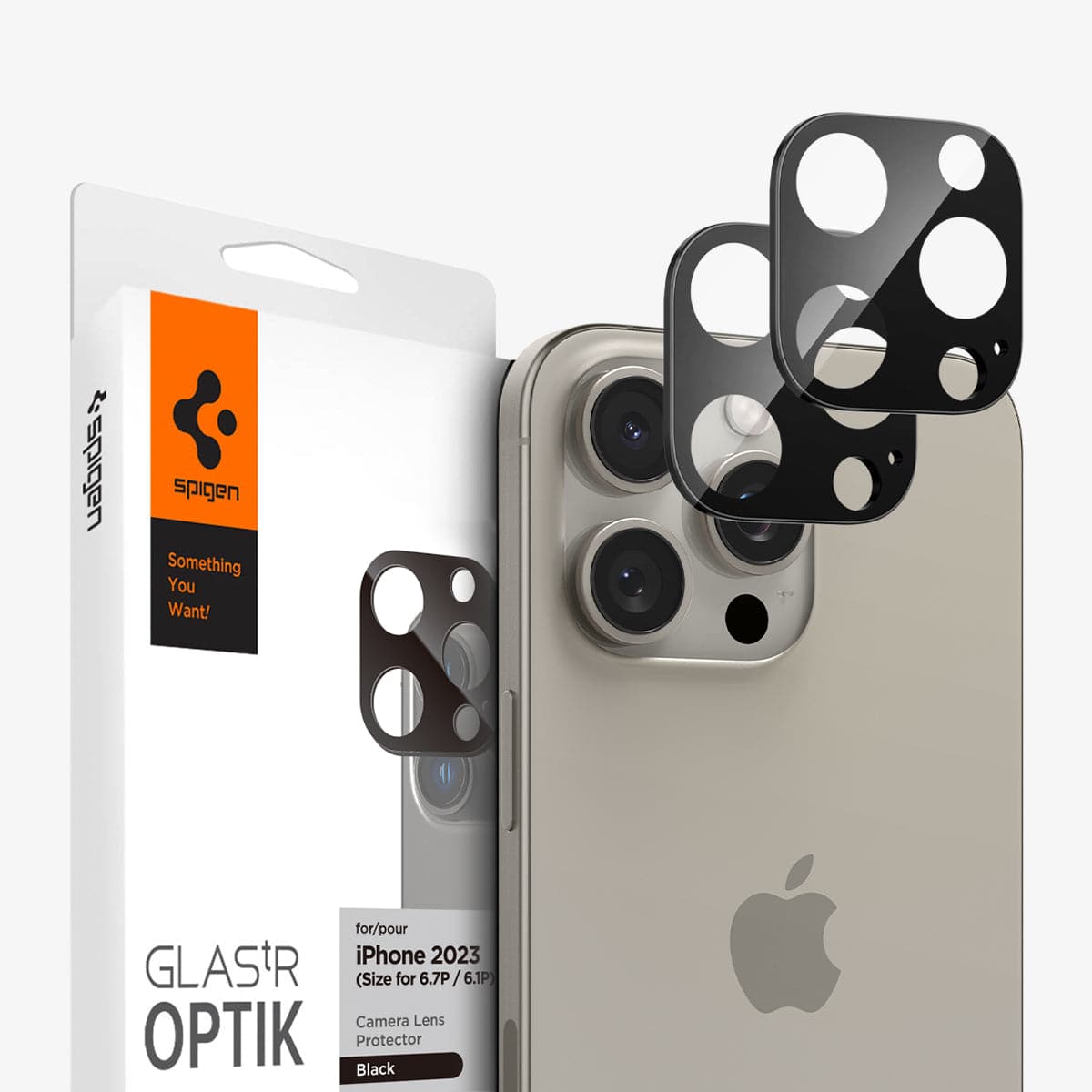 AGL06913 - iPhone 16 Pro / 16 Pro Max Optik Lens Protector in black showing the device, two lens protectors and packaging