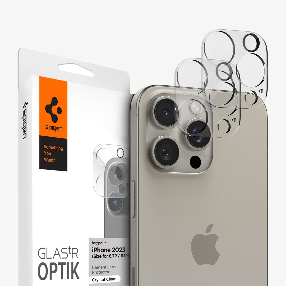 AGL06912 - iPhone 16 Pro / 16 Pro Max Optik Lens Protector in crystal clear showing the device, two lens protectors and packaging