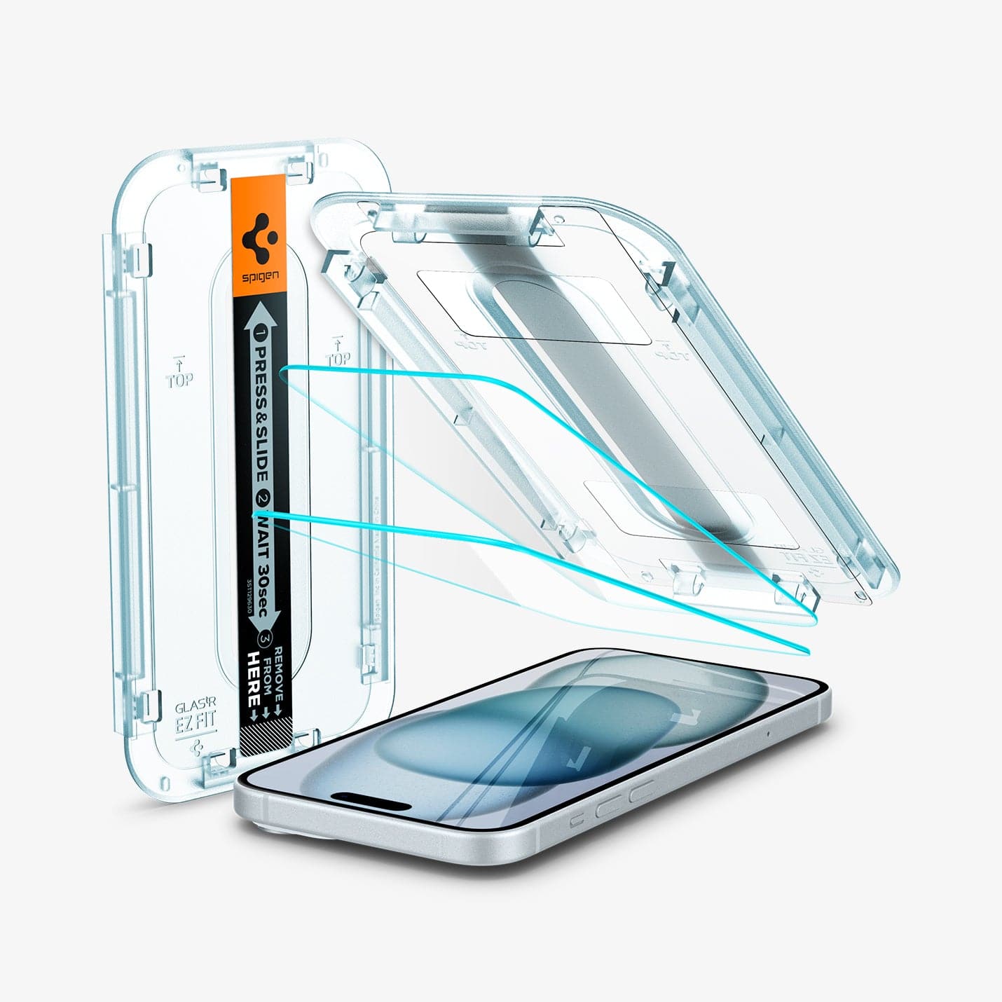 AGL06903 - iPhone 15 Screen Protector EZ FIT GLAS.tR (Sensor Protection) showing the device, two screen protectors and ez fit tray