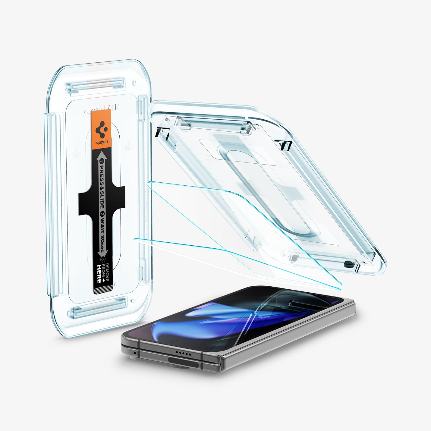 AGL07873 - Pixel 9 Pro Fold GLAS.tR EZ Fit in Clear showing the installation tray hovering above the 2 screen protectors and the device, beside it is another installation tray