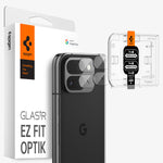 AGL08269 - Pixel 9 Pro Fold Optik EZ Fit Lens Protector in Crystal Clear showing the installation tray hovering in front of the lens protector and the device, behind it, is the packaging