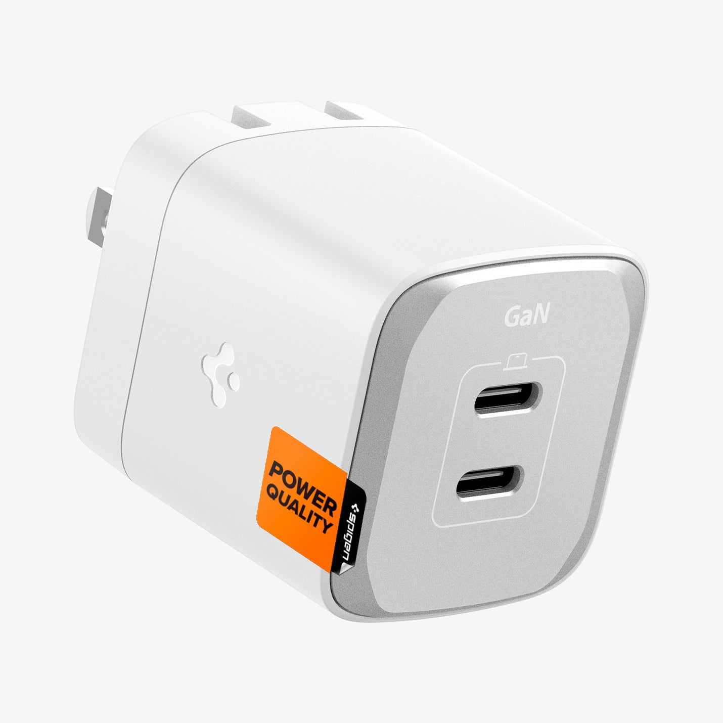 ACH05152 - ArcStation™ Pro GaN 452 Dual USB-C Wall Charger PE2203 in White showing the top and sides of a wall charger with 2 usb c type port and a spigen power quality sticker