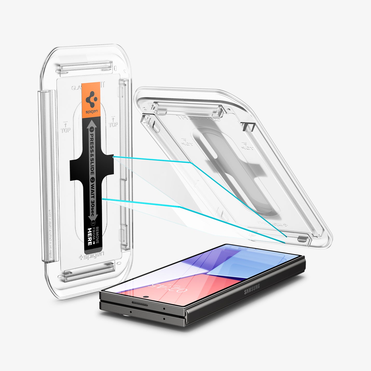 AGL07969 - Galaxy Z Fold 6 GLAS.tR EZ Fit in Clear showing the alignment tray, 2 screen protector hovering above the device and beside it is the packaging