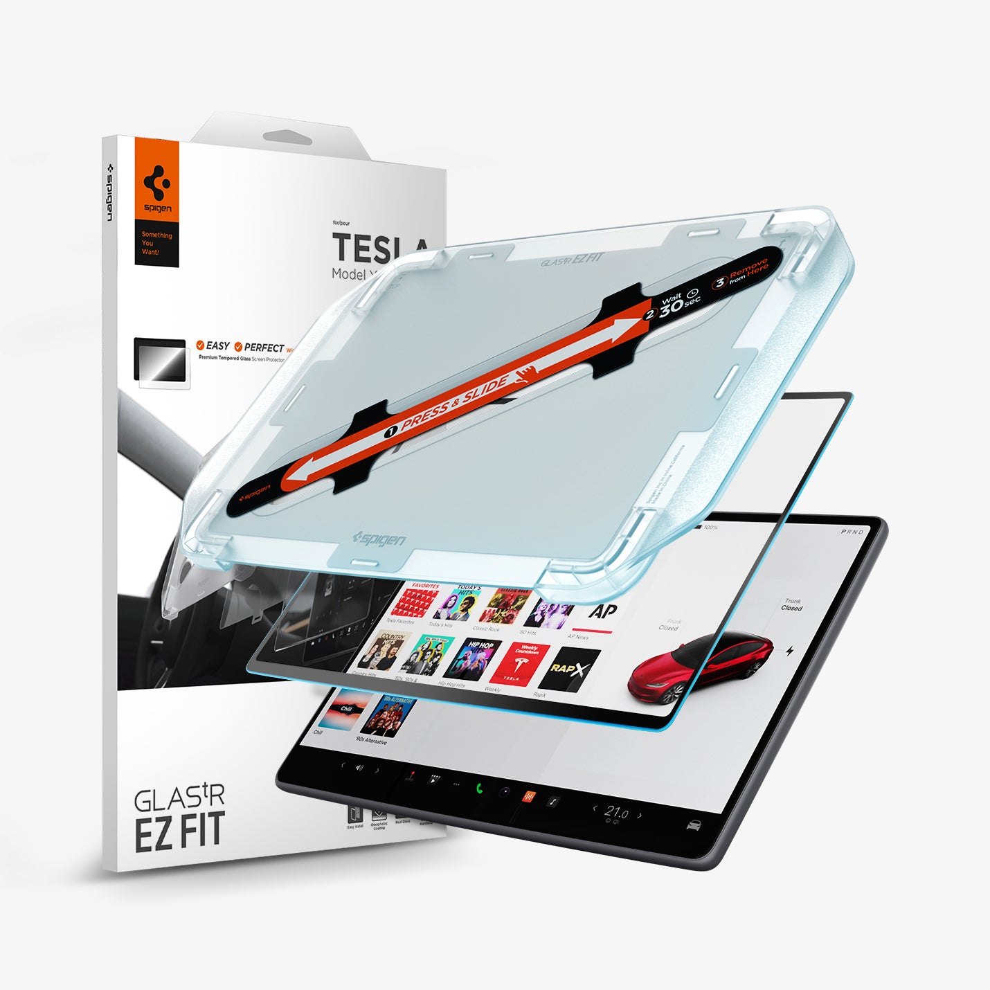 AGL07152 - Tesla Model 3 (2024) Protector GLAS.tR EZ Fit Anti-Glare in Clear Matte showing the ez fit tray, screen protector and touch screen display beside it is the packaging