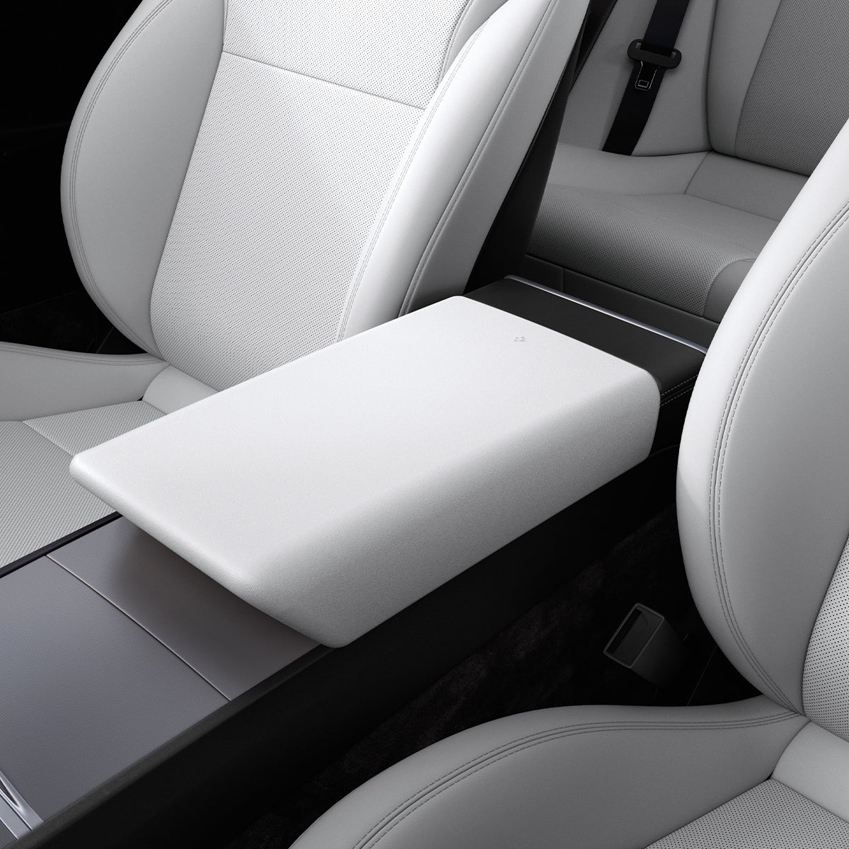 ACP07646 - Tesla Model 3 Highland Armrest Cover TO240H in White showing the front and partial side of an armrest inside a car