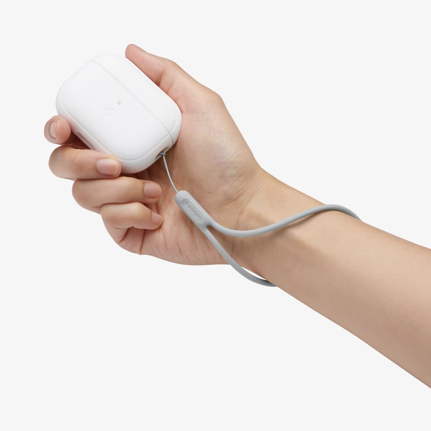 ACS05811 - Apple AirPods Pro 2 Case Silicone Fit + strap in white showing the AirPods in someone's hand and strap around their wrist