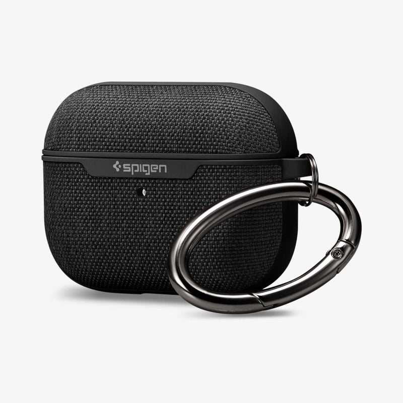 ASD00572 - Apple AirPods Pro Case Urban Fit in black showing the front, partial side and carabiner