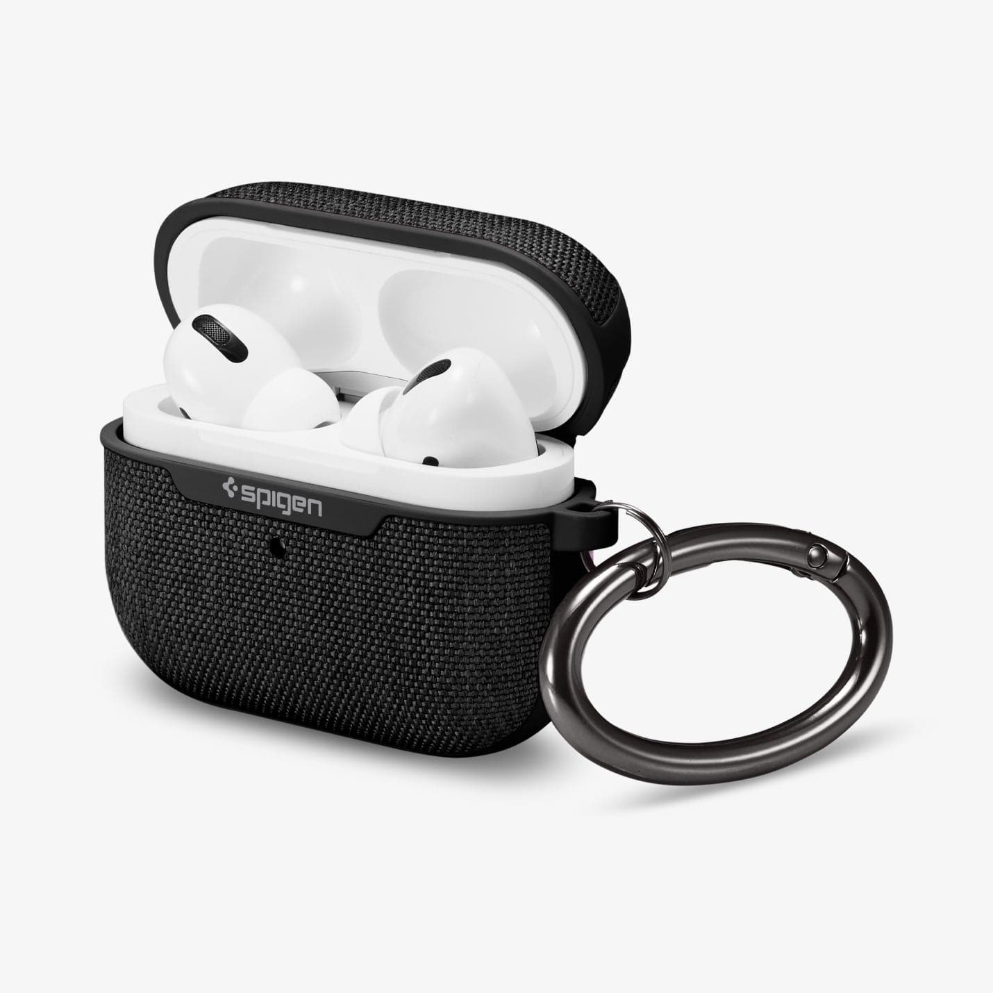 ASD00572 - Apple AirPods Pro Case Urban Fit in black showing the front, carabiner and top open with AirPods inside