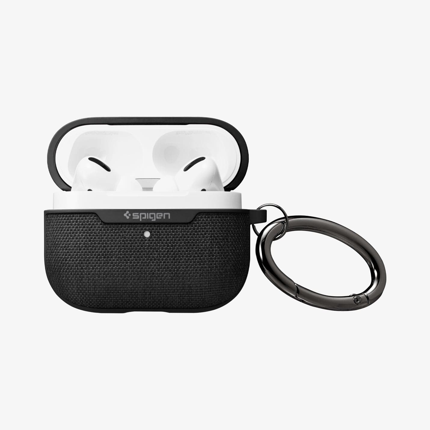 ASD00572 - Apple AirPods Pro Case Urban Fit in black showing the front, carabiner and top open with AirPods inside