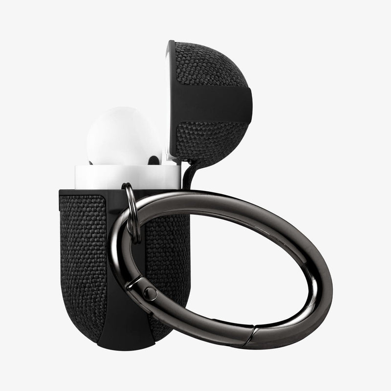 ASD00572 - Apple AirPods Pro Case Urban Fit in black showing the side, carabiner and top open with AirPods inside
