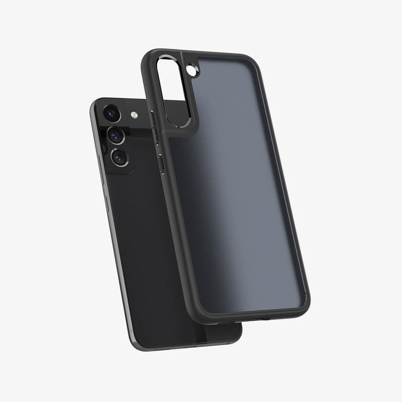 ACS03990 - Galaxy S22 5G Case Ultra Hybrid Matte in frost black showing the back with case hovering away from device