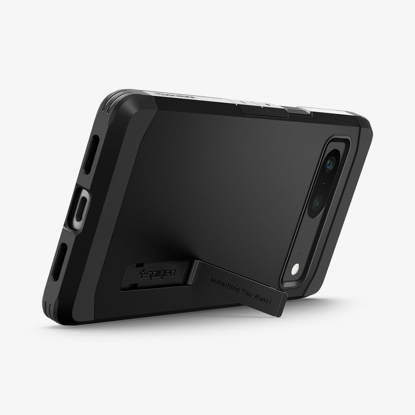 ACS04701 - Pixel 7 Case Tough Armor in black showing the back and bottom with device propped up horizontally by built in kickstand