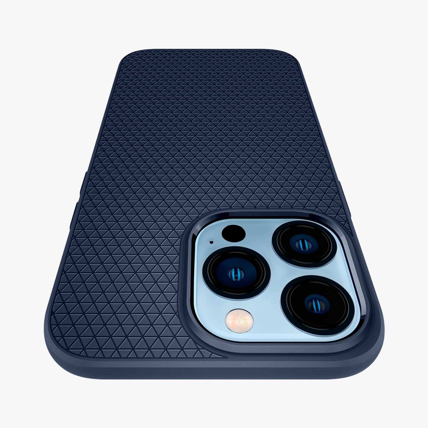 ACS03259 - iPhone 13 Pro Case Liquid Air in navy blue showing the back and top with a close up of the camera lens