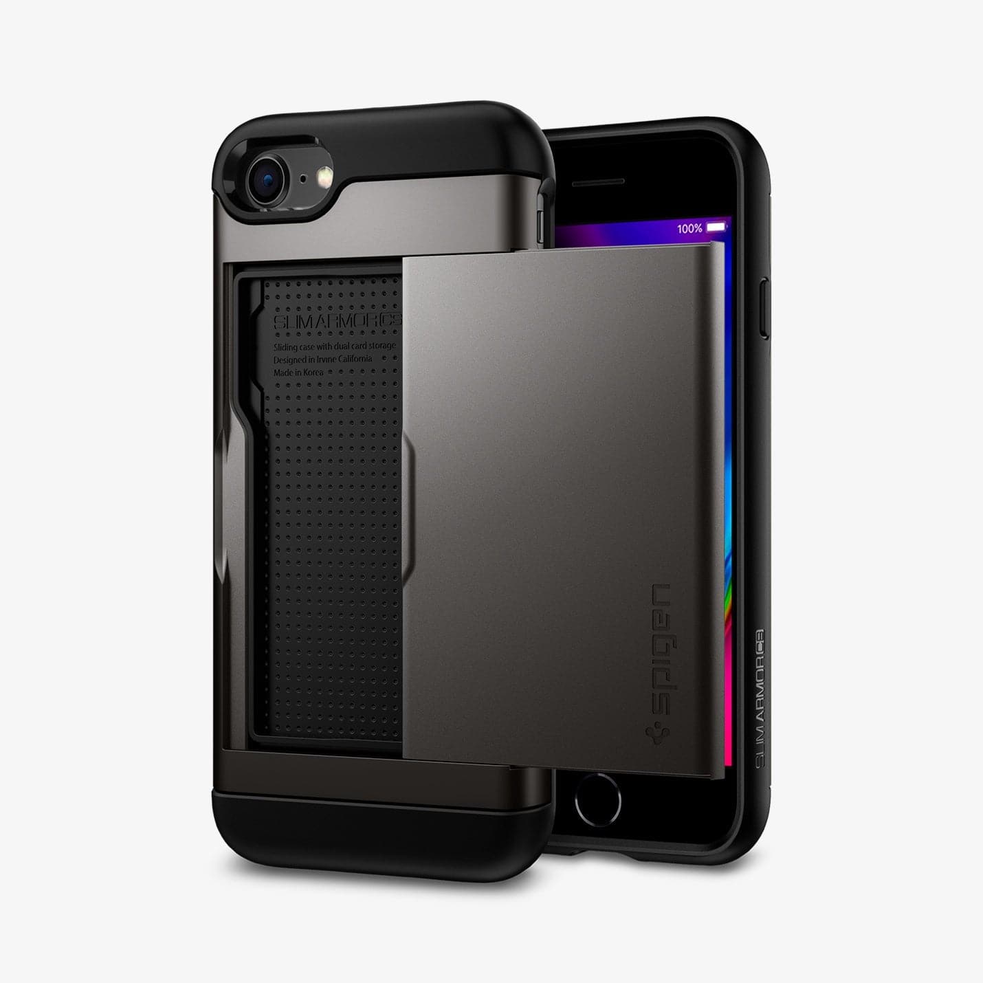 042CS20453 - iPhone 7 Series Slim Armor CS Case in Gunmetal showing the back with card slider out, another one behind showing front