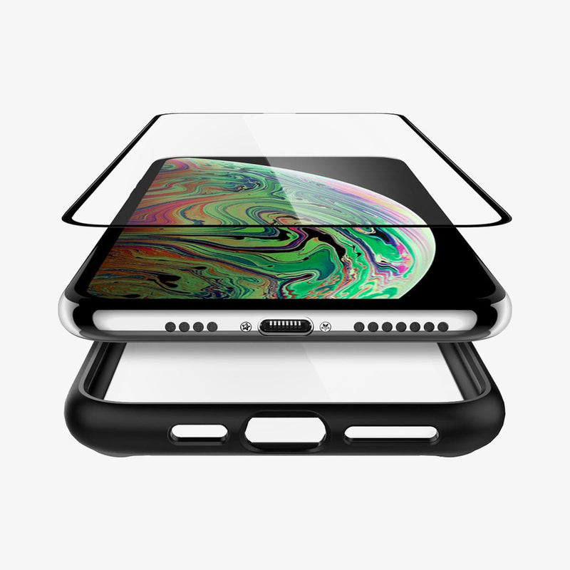 065CS25132 - iPhone XS Max Case Ultra Hybrid 360 in black showing the screen protector and case hovering by device