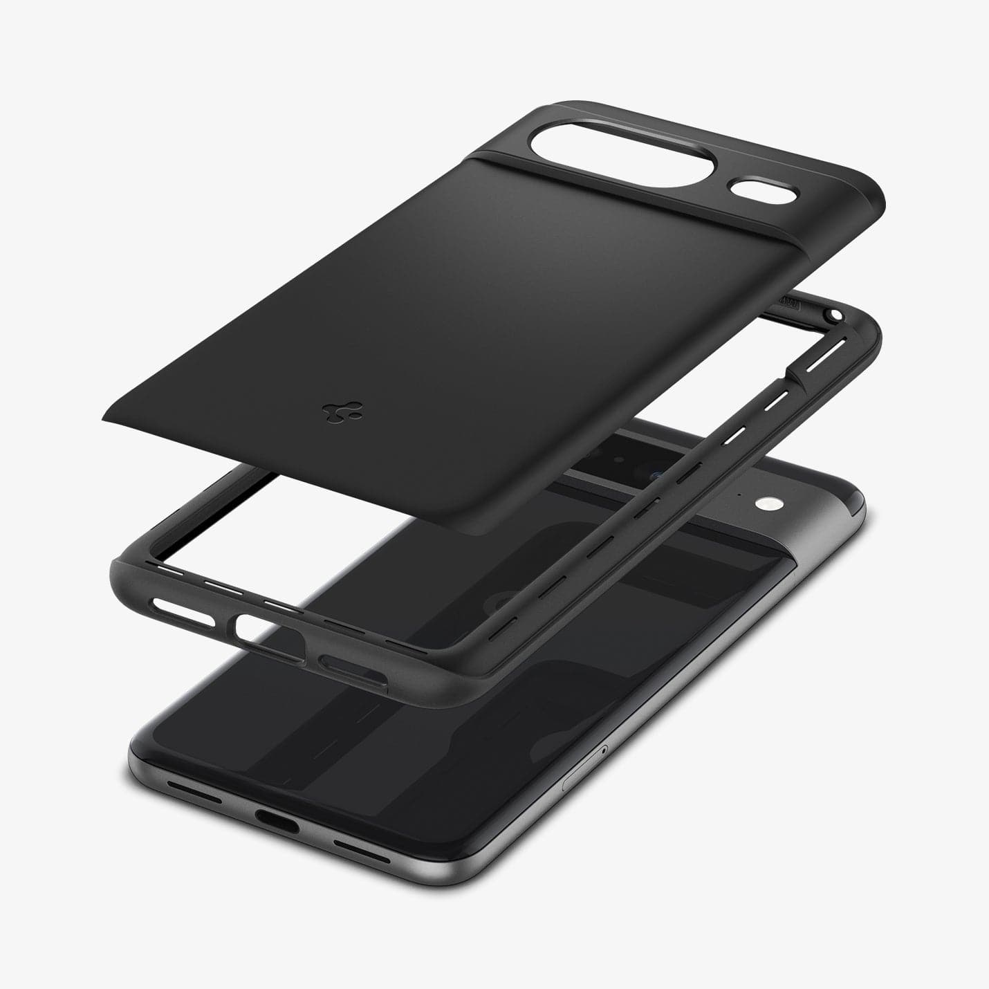 ACS06288 - Pixel 8 Case Thin Fit in black showing the multiple layers of case hovering above the device