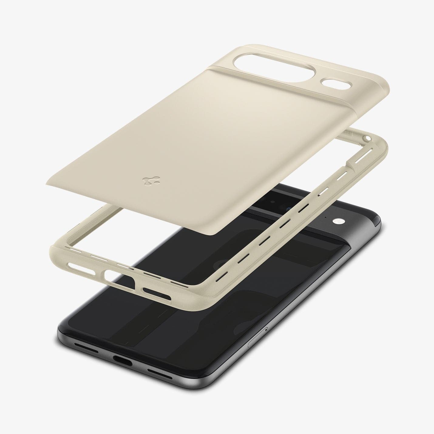 ACS06291 - Pixel 8 Case Thin Fit in mute beige showing the back with multiple layers of case hovering above the device