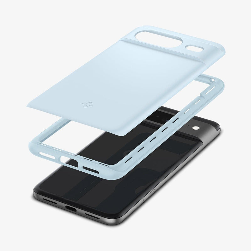 ACS06290 - Pixel 8 Case Thin Fit in mute blue showing the back with multiple layers of case hovering above the device