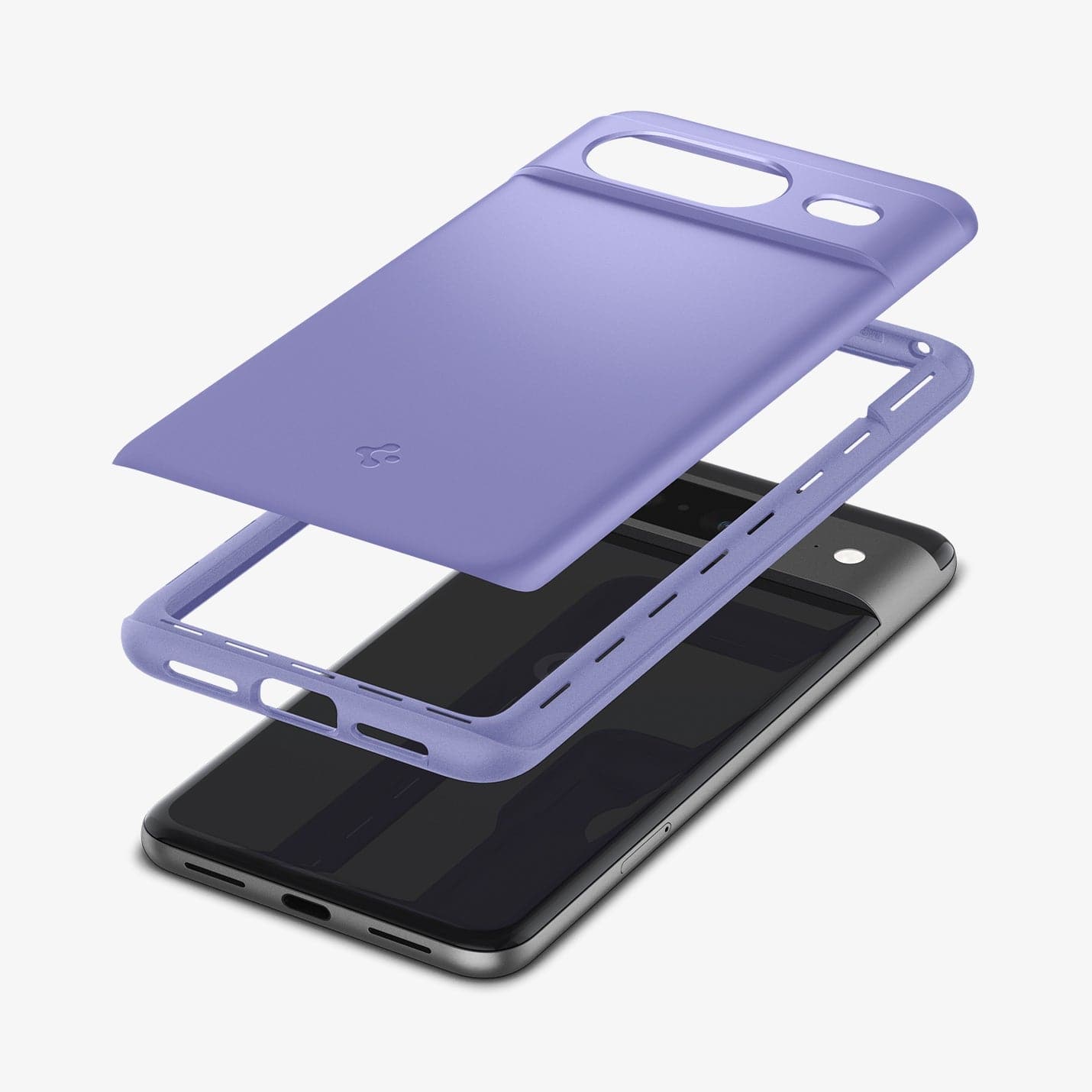 ACS06292 - Pixel 8 Case Thin Fit in awesome violet showing the multiple layers of case hovering above the device