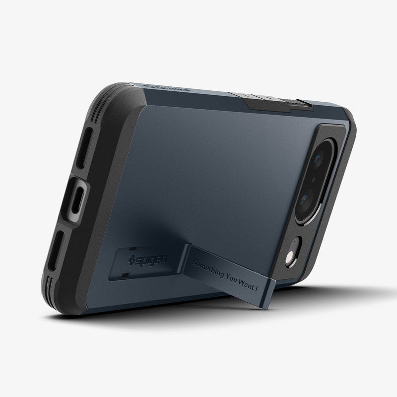 ACS06283 - Pixel 8 Case Tough Armor in metal slate showing the back with device propped up by built in kickstand