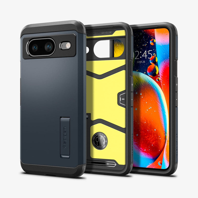 ACS06283 - Pixel 8 Case Tough Armor in metal slate showing the back, inside and front