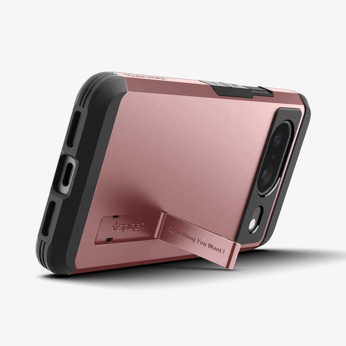 ACS06284 - Pixel 8 Case Tough Armor in rose gold showing the back with device propped up by built in kickstand