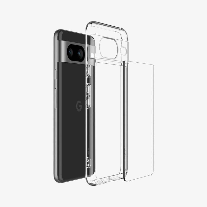 ACS06278 - Pixel 8 Case Ultra Hybrid in crystal clear showing the multiple layers of case hovering away from device
