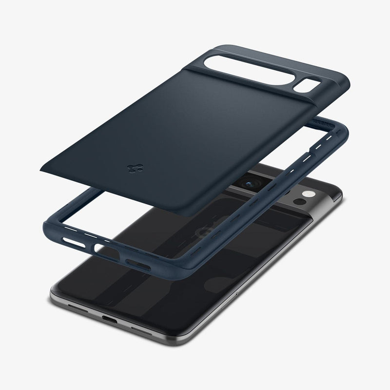 ACS06326 - Pixel 8 Pro Case Thin Fit in metal slate showing the multiple layers of case hovering above the device