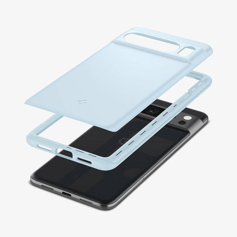 ACS06327 - Pixel 8 Pro Case Thin Fit in mute blue showing the back with multiple layers of case hovering above the device