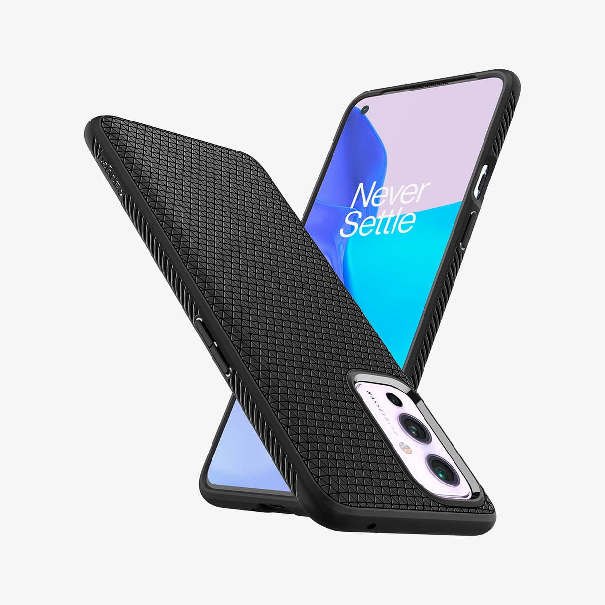 ACS02684 - OnePlus 9 5G Liquid Air Case in Matte Black showing the back, partial side, next to it showing front and partial side