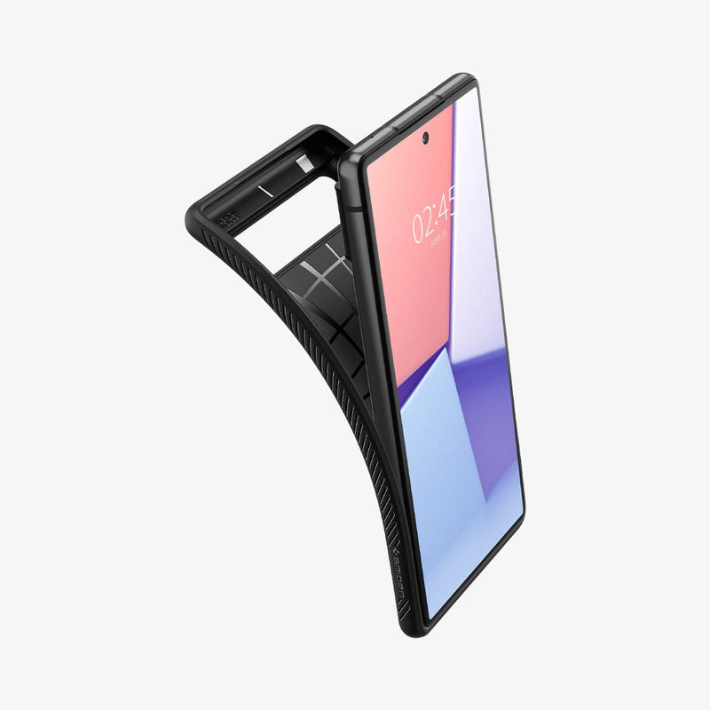 ACS03436 - Pixel 6 Case Liquid Air in matte black showing the case bending away from device to show the flexibility