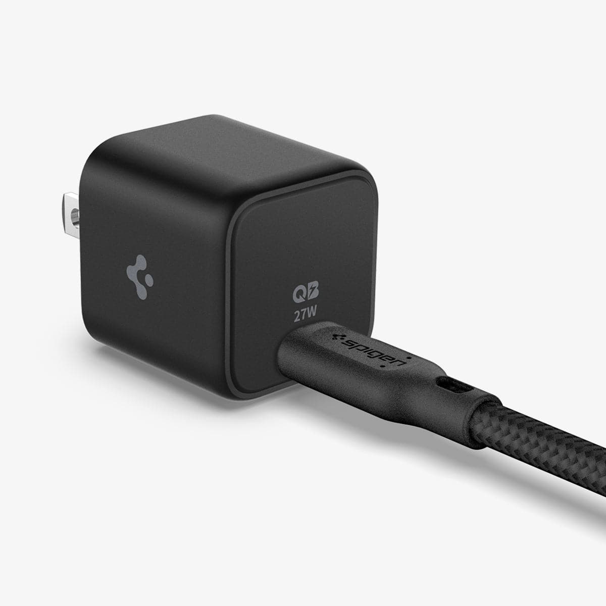 ACH05606 - ArcStation™ Pro 27W Wall Charger PE2103 in black showing the front, side and top with charging cable plugged in