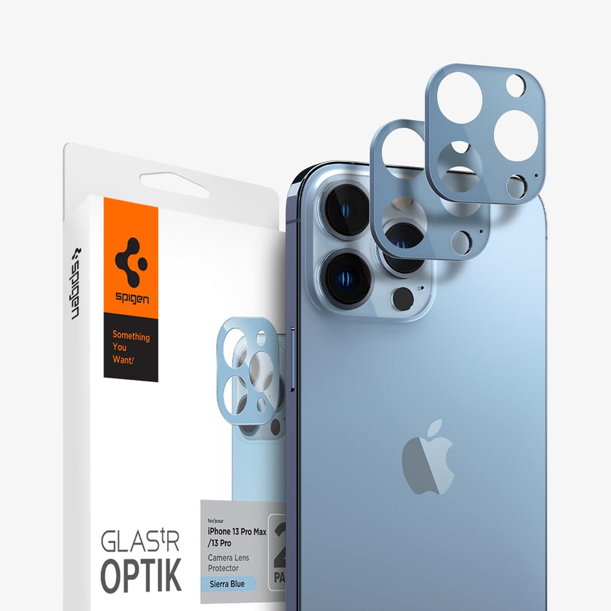 AGL04032 - iPhone 13 Pro Max / iPhone 13 Pro Optik Lens Protector in sierra blue showing the packaging, device and two lens protectors