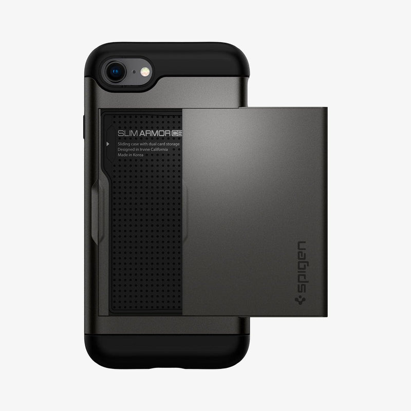 042CS20453 - iPhone 7 Series Slim Armor CS Case in Gunmetal showing the back with card slider out