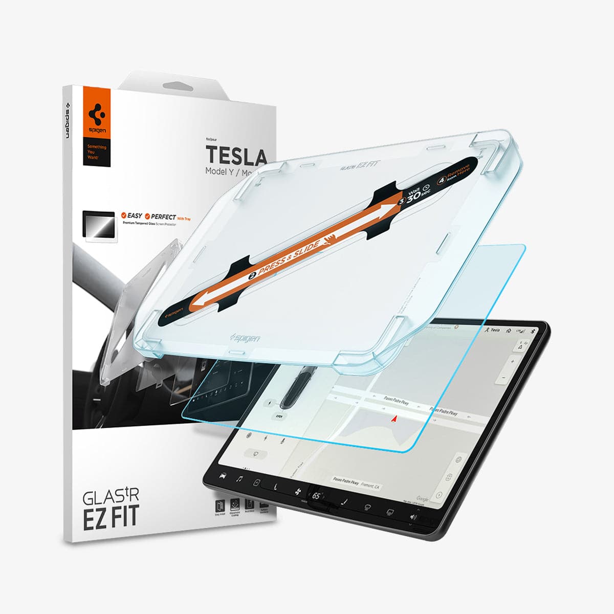 AGL01086 - Tesla Model 3 / Y Screen Protector EZ FIT GLAS.tR Anti-Glare showing the packaging, EZ fit installation tray, screen protector and tesla screen
